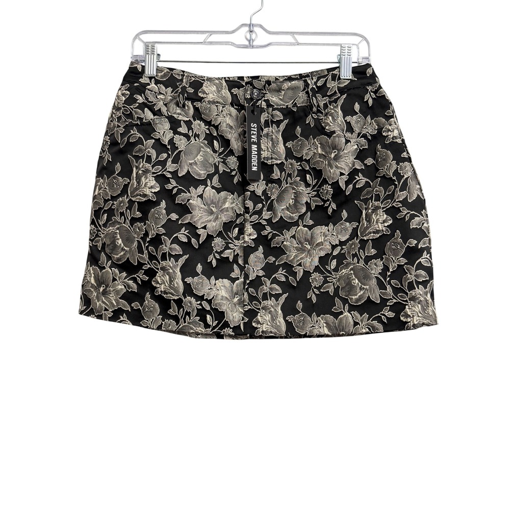 Steve‎ Madden Beck Skirt Black Silver Floral Brocade Mini Skirt Size 4 BO409104